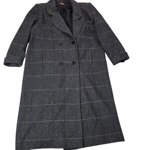 1990s Wool Coat Womens XL Grey Teal Plaid Double Breasted Alorna Forstmann GUC